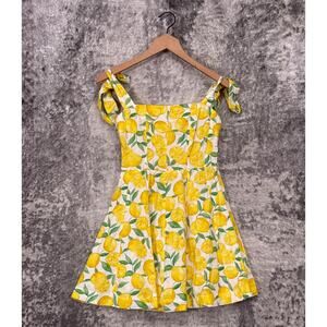 New Zara Dress XS Womens Yellow Linen Lemon Print Tie Strap Mini